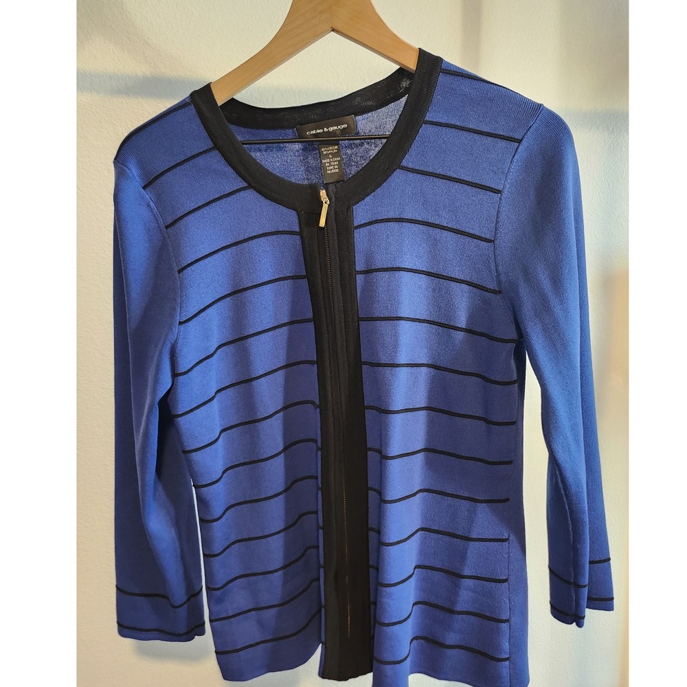 Cable and Gauge Blue Black Stripe Zip Front Cardigan Sweater Top Women's Size L